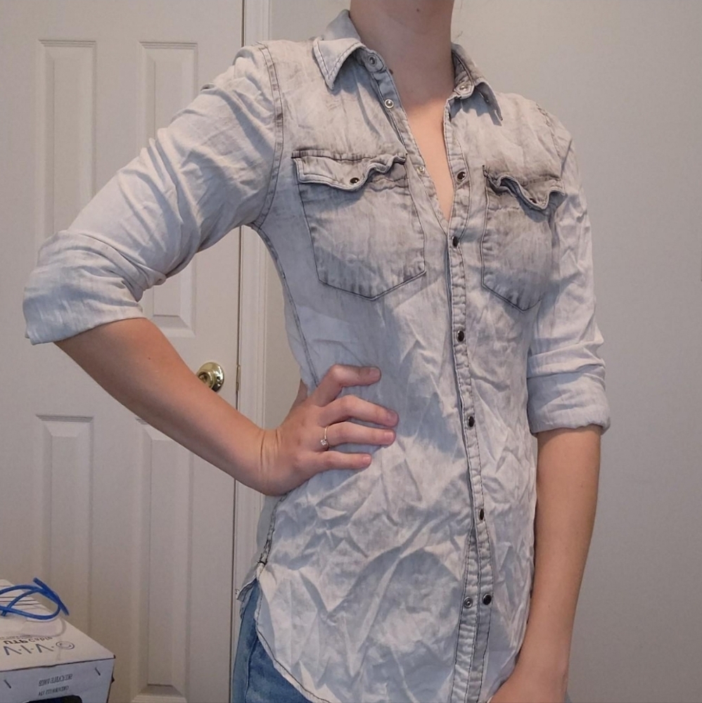Grey acid wash button up top